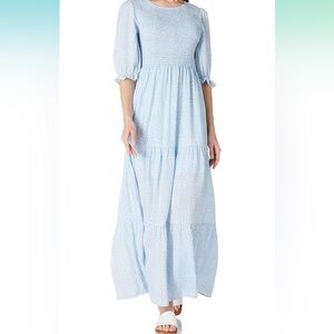 Short sleeved, light blue and white maxi dress
